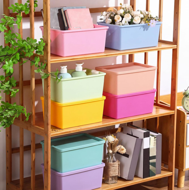 2-1.png Small Lidded Plastic Storage Bins, 8-Piece Mixed-Color Set - Image 1