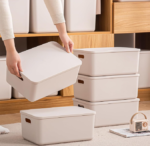 Lidded Plastic Storage Bins, White Stackable Organizers - Image 2