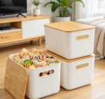 Storage Bins With Bamboo Lids, Stackable Organizers
