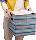 Checkered Storage Bin, Blue-Green Stripes, Coastal Whale Theme - Image 2