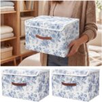 Blue Floral Storage Bin With Lid, 2-Piece Organizer Set