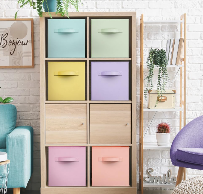 9-1.png Square Fabric Storage Boxes, Soft-Color 6-Piece Set - Image 1